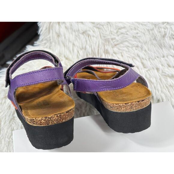 Naot Sandals Womens Size 8 EU 39 Purple Red Leather Wedge Cork Footbed Strappy - Picture 7 of 8
